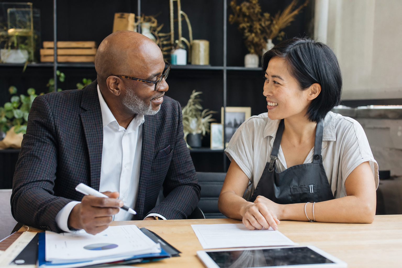 Advisor and business owner client in genuine, engaged conversation across a table