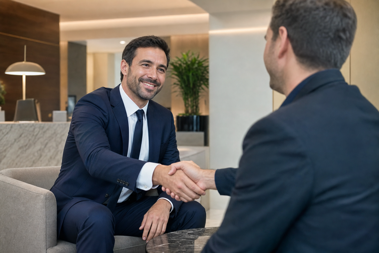 Advisor delivering a polished, high-touch client experience with a warm handshake